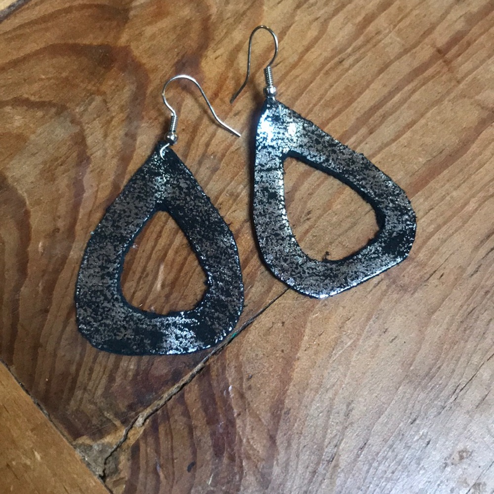 Handmade black and silver leather earrings